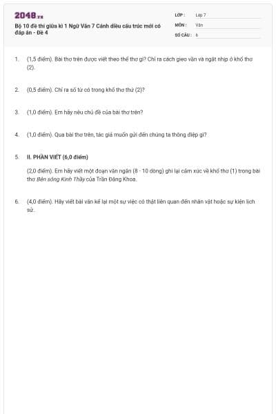 Bộ 10 đề thi giữa kì 1 Ngữ Văn 7 Cánh diều cấu trúc mới có đáp án - Đề 4