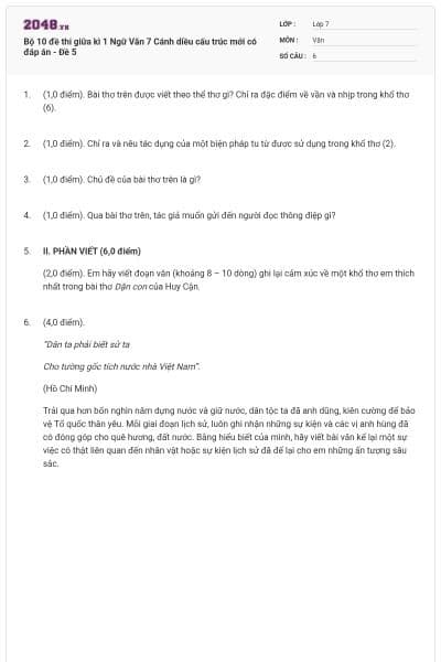 Bộ 10 đề thi giữa kì 1 Ngữ Văn 7 Cánh diều cấu trúc mới có đáp án - Đề 5