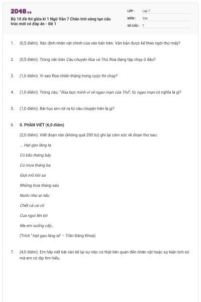 Bộ 10 đề thi giữa kì 1 Ngữ Văn 7 Chân trời sáng tạo cấu trúc mới có đáp án - Đề 1