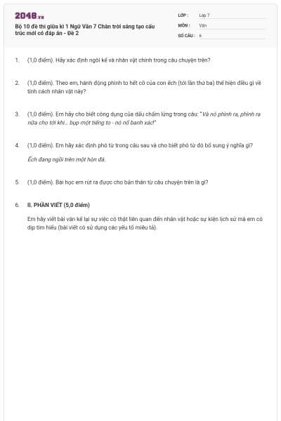 Bộ 10 đề thi giữa kì 1 Ngữ Văn 7 Chân trời sáng tạo cấu trúc mới có đáp án - Đề 2