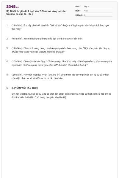 Bộ 10 đề thi giữa kì 1 Ngữ Văn 7 Chân trời sáng tạo cấu trúc mới có đáp án - Đề 3