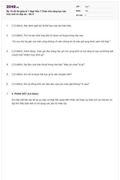 Bộ 10 đề thi giữa kì 1 Ngữ Văn 7 Chân trời sáng tạo cấu trúc mới có đáp án - Đề 4
