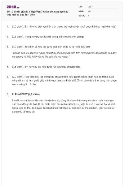Bộ 10 đề thi giữa kì 1 Ngữ Văn 7 Chân trời sáng tạo cấu trúc mới có đáp án - Đề 5