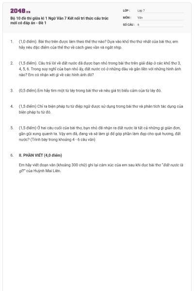 Bộ 10 đề thi giữa kì 1 Ngữ Văn 7 Kết nối tri thức cấu trúc mới có đáp án - Đề 1