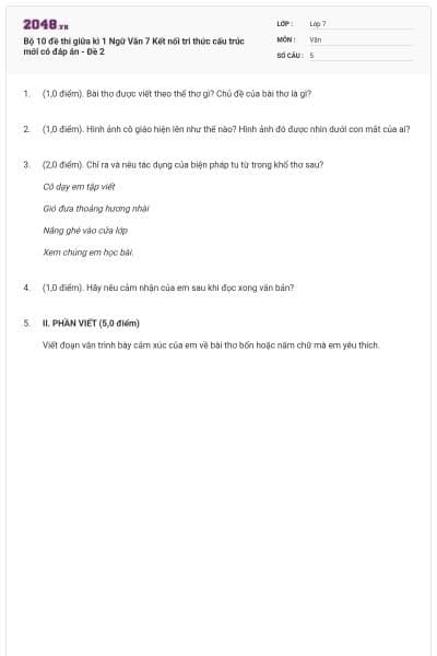 Bộ 10 đề thi giữa kì 1 Ngữ Văn 7 Kết nối tri thức cấu trúc mới có đáp án - Đề 2