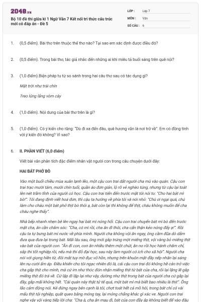 Bộ 10 đề thi giữa kì 1 Ngữ Văn 7 Kết nối tri thức cấu trúc mới có đáp án - Đề 5
