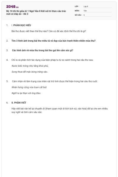 Bộ 10 đề thi giữa kì 1 Ngữ Văn 8 Kết nối tri thức cấu trúc mới có đáp án - Đề 3