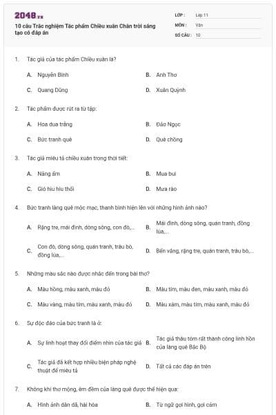 10 câu Trắc nghiệm Tác phẩm Chiều xuân Chân trời sáng tạo có đáp án