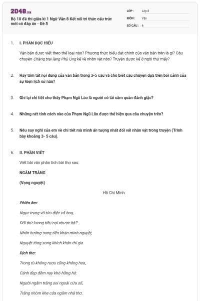 Bộ 10 đề thi giữa kì 1 Ngữ Văn 8 Kết nối tri thức cấu trúc mới có đáp án - Đề 5