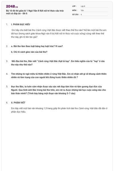 Bộ 10 đề thi giữa kì 1 Ngữ Văn 8 Kết nối tri thức cấu trúc mới có đáp án - Đề 6