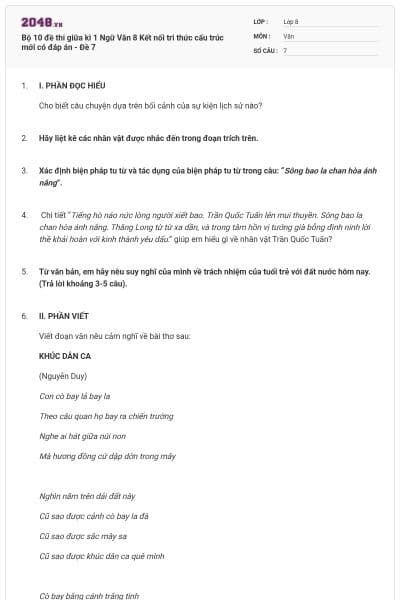 Bộ 10 đề thi giữa kì 1 Ngữ Văn 8 Kết nối tri thức cấu trúc mới có đáp án - Đề 7