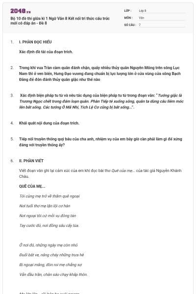 Bộ 10 đề thi giữa kì 1 Ngữ Văn 8 Kết nối tri thức cấu trúc mới có đáp án - Đề 8