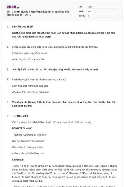Bộ 10 đề thi giữa kì 1 Ngữ Văn 8 Kết nối tri thức cấu trúc mới có đáp án - Đề 10