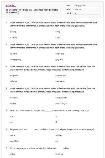 Đề luyện thi THPT Quốc Gia - Năm 2020 Môn thi: TIẾNG ANH (Đề số 2)