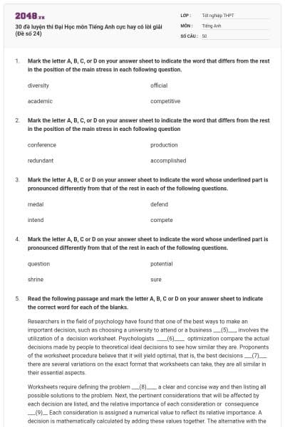 30 đề luyện thi Đại Học môn Tiếng Anh cực hay có lời giải (Đề số 24)