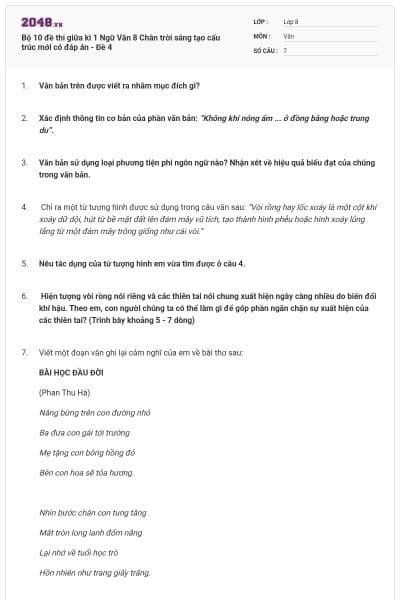 Bộ 10 đề thi giữa kì 1 Ngữ Văn 8 Chân trời sáng tạo cấu trúc mới có đáp án - Đề 4