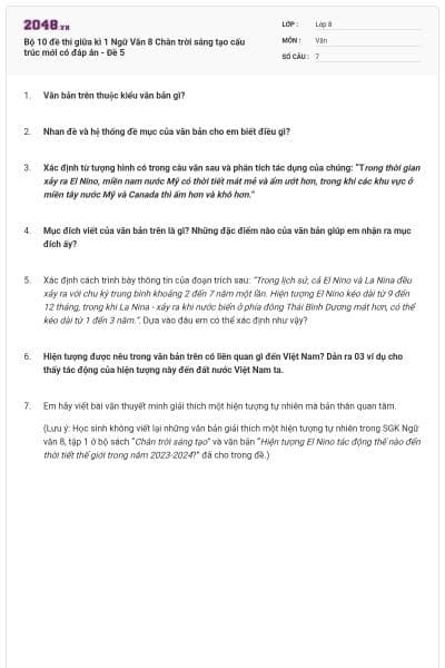 Bộ 10 đề thi giữa kì 1 Ngữ Văn 8 Chân trời sáng tạo cấu trúc mới có đáp án - Đề 5