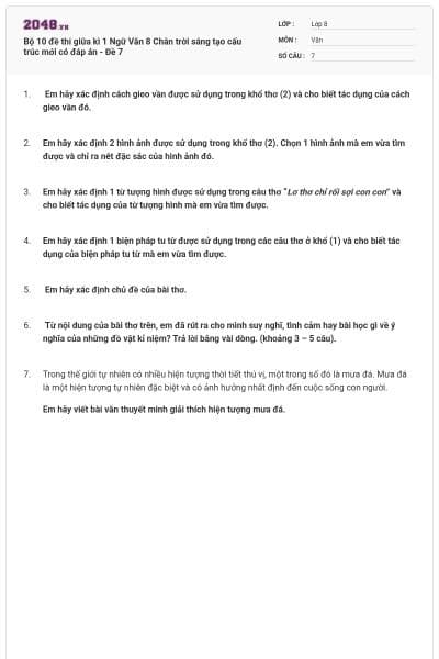 Bộ 10 đề thi giữa kì 1 Ngữ Văn 8 Chân trời sáng tạo cấu trúc mới có đáp án - Đề 7