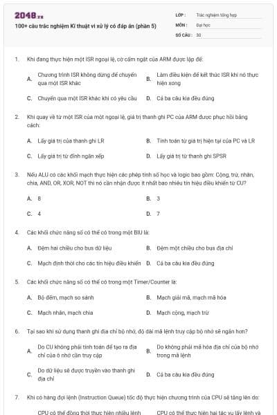 100+ câu trắc nghiệm Kĩ thuật vi xử lý có đáp án (phần 5)