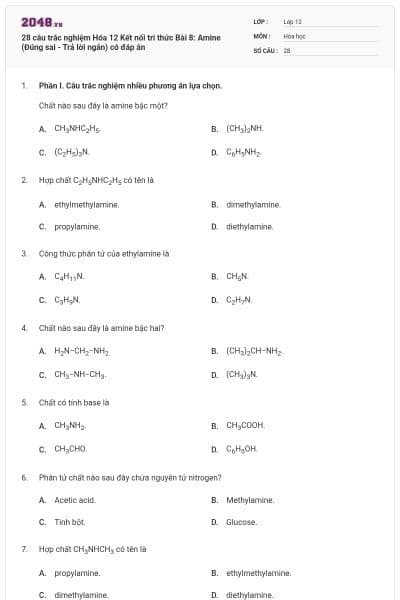 28 câu trắc nghiệm Hóa 12 Kết nối tri thức Bài 8: Amine (Đúng sai - Trả lời ngắn) có đáp án