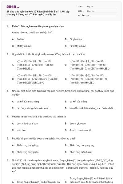 28 câu trắc nghiệm Hóa 12 Kết nối tri thức Bài 11: Ôn tập chương 3 (Đúng sai - Trả lời ngắn) có đáp án