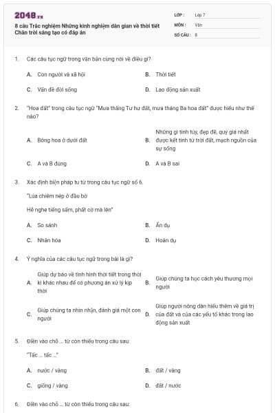 8 câu Trắc nghiệm Những kinh nghiệm dân gian về thời tiết Chân trời sáng tạo có đáp án