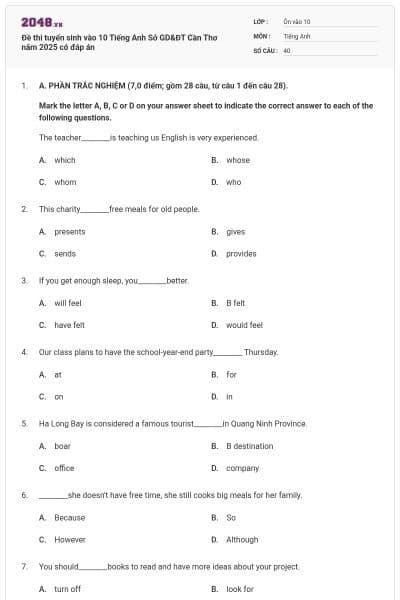 Đề thi tuyển sinh vào 10 Tiếng Anh Sở GD&ĐT Cần Thơ năm 2025 có đáp án