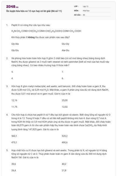 Ôn luyện hóa hữu cơ 12 cực hay có lời giải (Đề số 11)