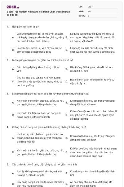 5 câu Trắc nghiệm Nói giảm, nói tránh Chân trời sáng tạo có đáp án