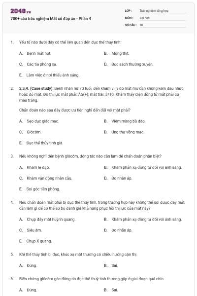 700+ câu trắc nghiệm Mắt có đáp án - Phần 4