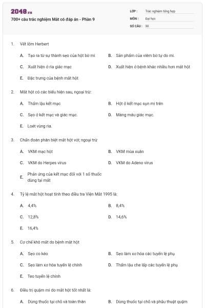 700+ câu trắc nghiệm Mắt có đáp án - Phần 9
