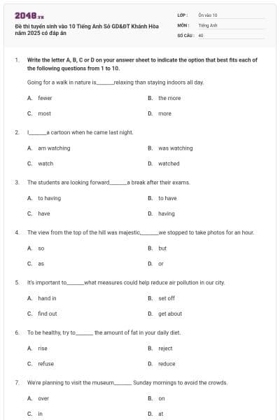 Đề thi tuyển sinh vào 10 Tiếng Anh Sở GD&ĐT Khánh Hòa năm 2025 có đáp án