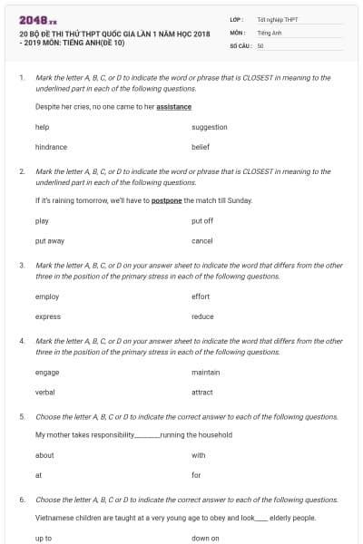 20 BỘ ĐỀ THI THỬ THPT QUỐC GIA LẦN 1 NĂM HỌC 2018 - 2019 MÔN: TIẾNG ANH(ĐỀ 10)