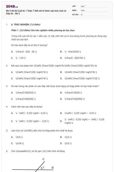 Bộ 5 đề thi Cuối kì 1 Toán 7 Kết nối tri thức cấu trúc mới có đáp án - Đề 2