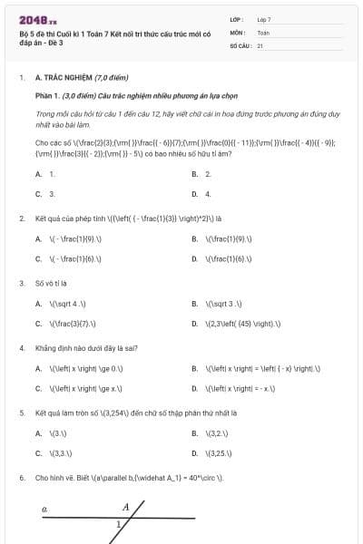 Bộ 5 đề thi Cuối kì 1 Toán 7 Kết nối tri thức cấu trúc mới có đáp án - Đề 3