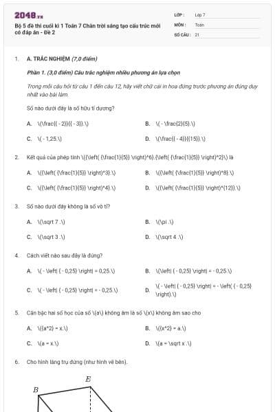 Bộ 5 đề thi cuối kì 1 Toán 7 Chân trời sáng tạo cấu trúc mới có đáp án - Đề 2
