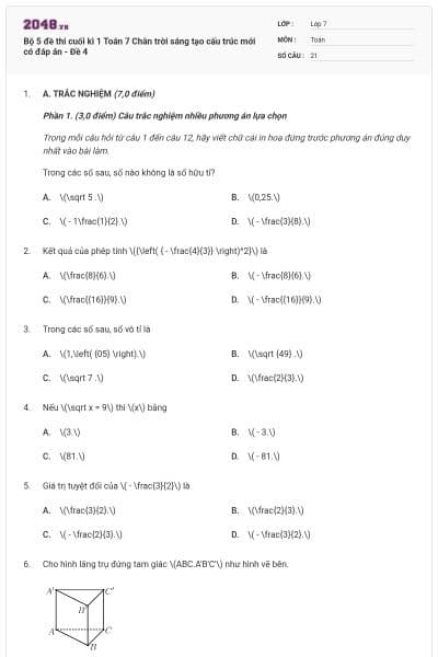 Bộ 5 đề thi cuối kì 1 Toán 7 Chân trời sáng tạo cấu trúc mới có đáp án - Đề 4