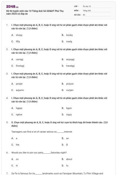 Đề thi tuyển sinh vào 10 Tiếng Anh Sở GD&ĐT Phú Thọ năm 2025 có đáp án
