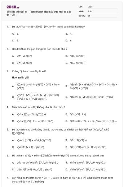 Bộ 5 đề thi cuối kì 1 Toán 8 Cánh diều cấu trúc mới có đáp án - Đề 1
