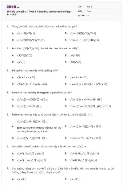 Bộ 5 đề thi cuối kì 1 Toán 8 Cánh diều cấu trúc mới có đáp án - Đề 5