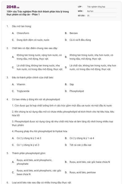 100+ câu Trắc nghiệm Phân tích thành phần hóa lý trong thực phẩm có đáp án - Phần 1