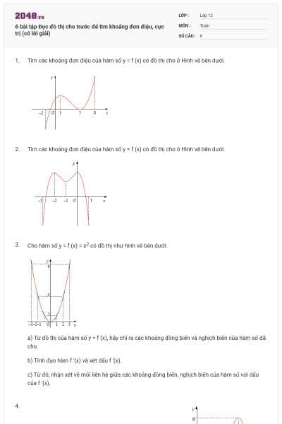 6 bài tập Đọc đồ thị cho trước để tìm khoảng đơn điệu, cực trị (có lời giải)
