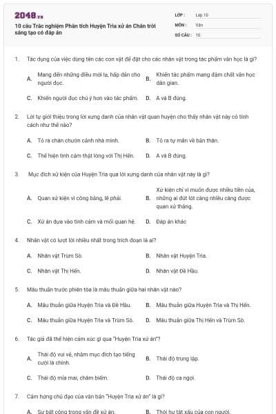 10 câu Trắc nghiệm Phân tích Huyện Trìa xử án Chân trời sáng tạo có đáp án