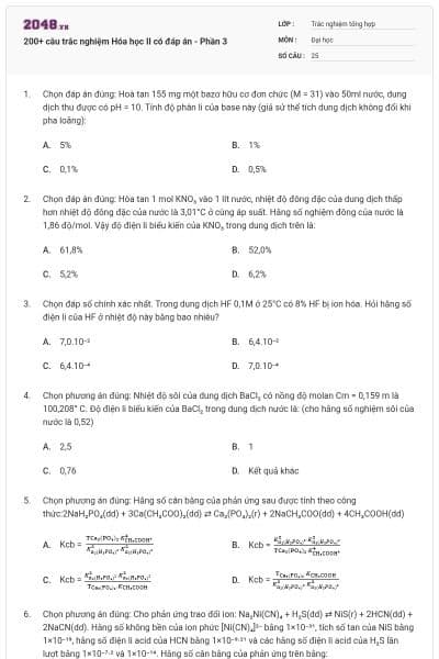200+ câu trắc nghiệm Hóa học II có đáp án - Phần 3