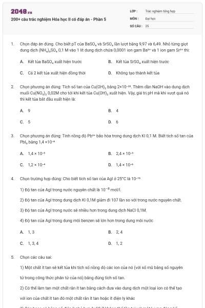 200+ câu trắc nghiệm Hóa học II có đáp án - Phần 5