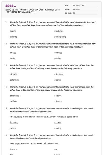 20 BỘ ĐỀ THI THỬ THPT QUỐC GIA LẦN 1 NĂM HỌC 2018 - 2019 MÔN: TIẾNG ANH(ĐỀ 11)