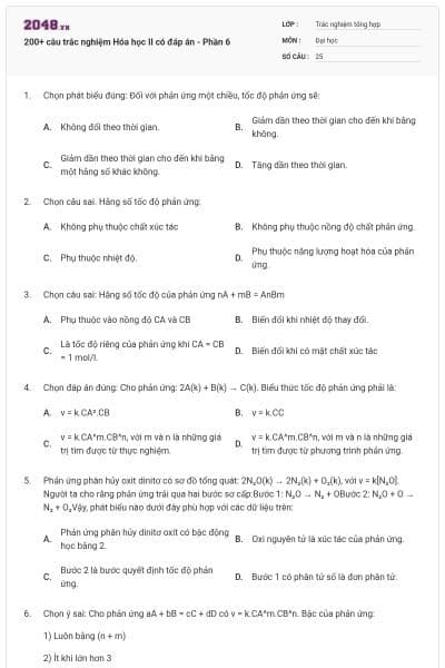 200+ câu trắc nghiệm Hóa học II có đáp án - Phần 6