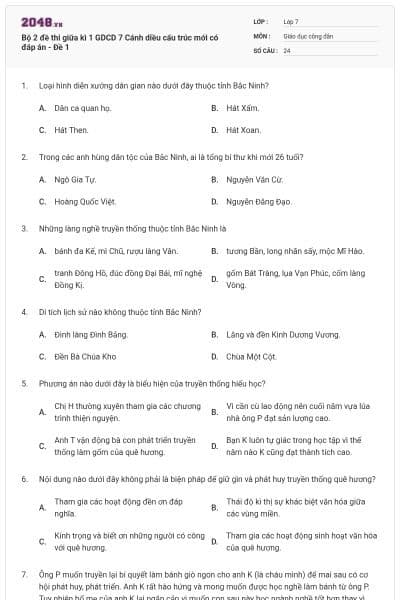 Bộ 2 đề thi giữa kì 1 GDCD 7 Cánh diều cấu trúc mới có đáp án - Đề 1