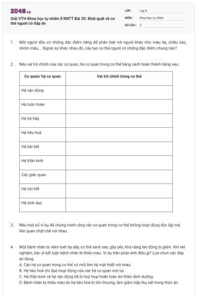 Giải VTH Khoa học tự nhiên 8 KNTT Bài 30: Khái quát về cơ thể người có đáp án