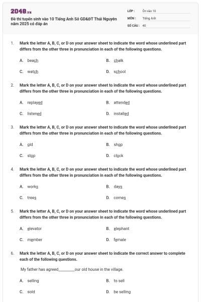 Đề thi tuyển sinh vào 10 Tiếng Anh Sở GD&ĐT Thái Nguyên năm 2025 có đáp án